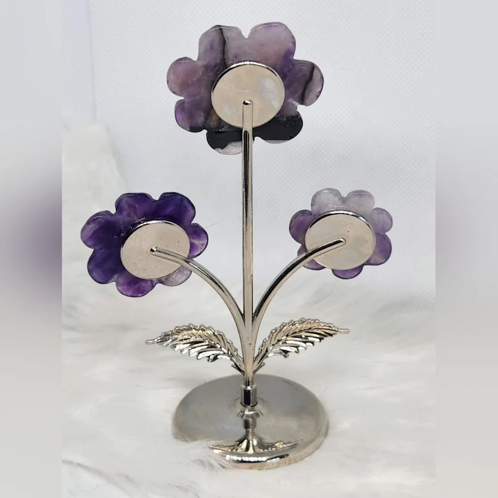 Amethyst Flowers On Metal Stand. Crystal Floral Decor.